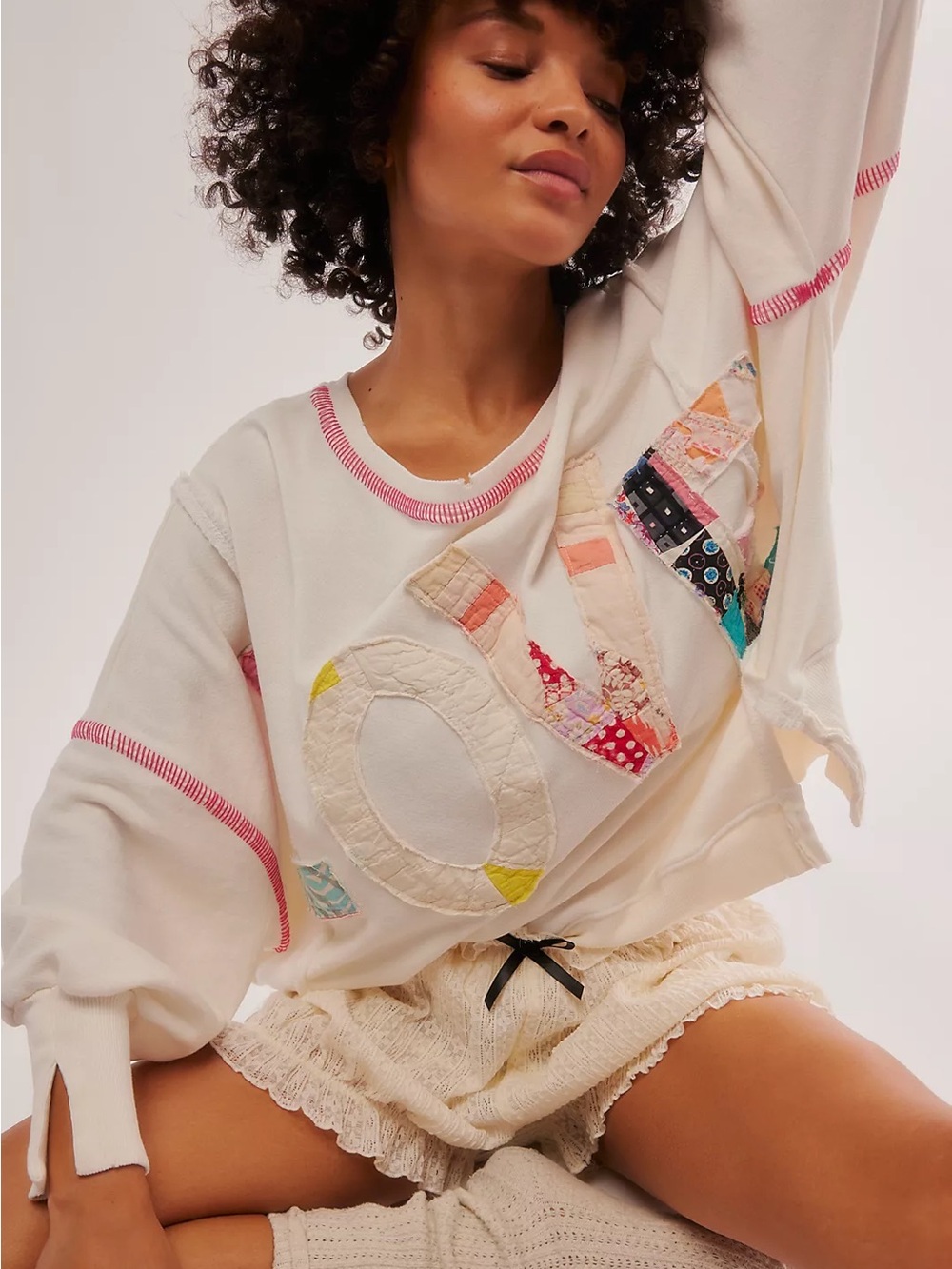 Free People x Tricia Fix Camden Patchwork Quilted Love Ivory Sweatshirt Size S - Picture 12 of 12